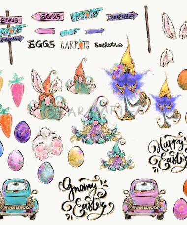 Easter Gnomes Clipart Karamfila Bunny Egg Hunting Truck Planner Stickers Gnome Cartoon Cute Characters Sublimation PNG POD Party Supplies